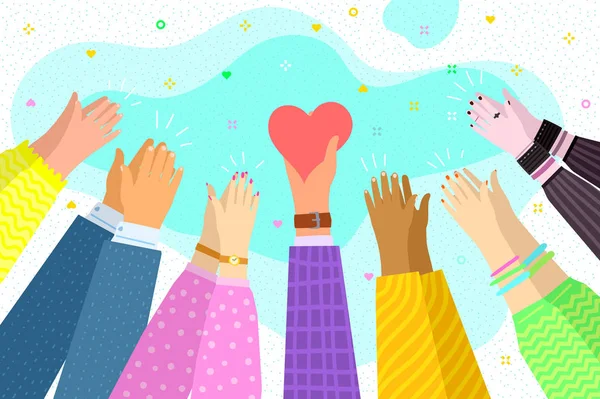 慈善と寄付の概念 あなたの愛を人々に与え 分かち合いなさい 手の心のシンボルを保持し 平和のジェスチャーを表示します ベクターイラスト — ストックベクタ
