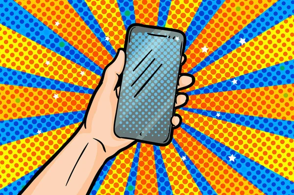 Smartphone Mano Stile Pop Art Sfondo Giallo Blu Illustrazione Vettoriale — Vettoriale Stock