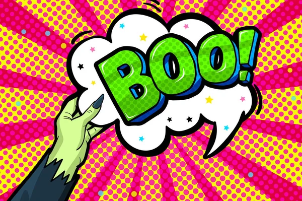 Halloween Blahopřání Pop Art Stylu Čarodějnice Drží Ruce Boo Zprávu — Stockový vektor