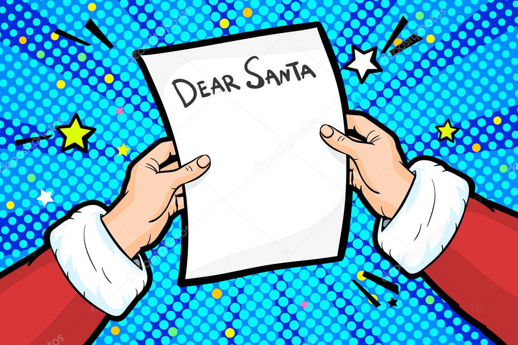 Christmas Greeting Card in pop art style. Santa Claus is holding in his hands reading a letter christmas wish list. Vector illustration