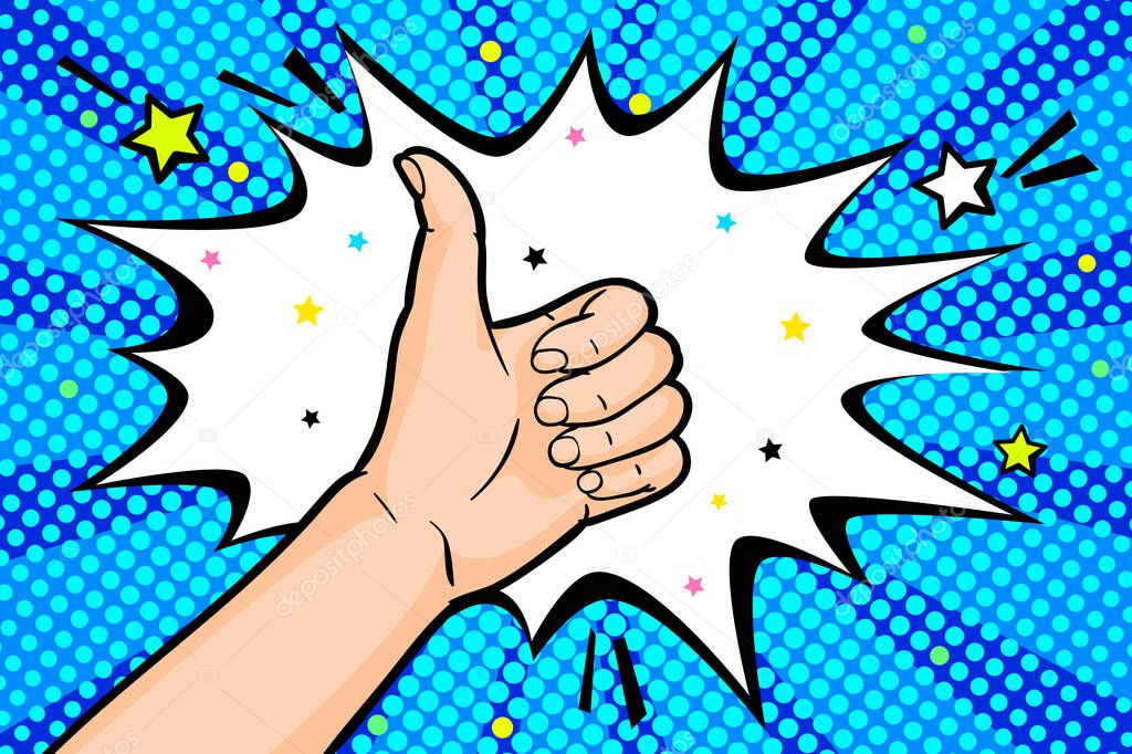 The gesture of Like in pop art style, hand showing thumb up on blue background. Vector colorful hand drawn illustration with halftone in retro comic style.