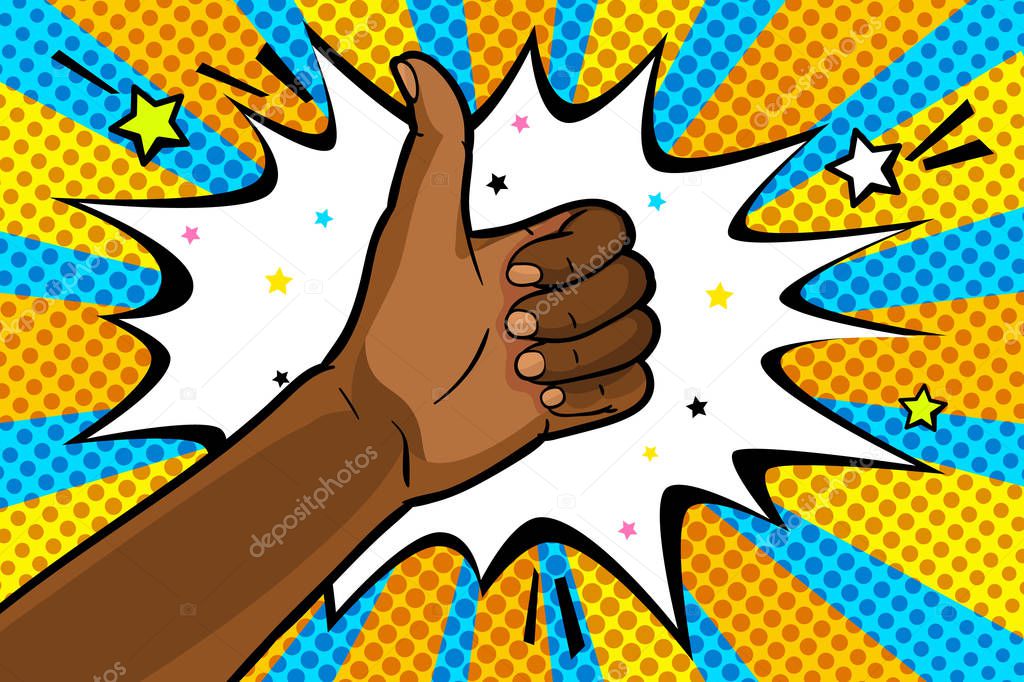 The gesture of Like in pop art style, afro american hand showing thumb up on blue yellow background. Vector colorful hand drawn illustration with halftone in retro comic style.