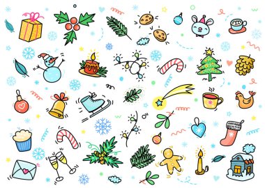 Christmas and New Year greeting card. Hand drawn Christmas and New Year background. Doodle vector illustration.