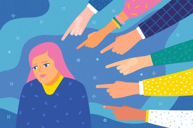 Concept of guilt, public censure and victim blaming. Sad or depressed woman surrounded by hands with index fingers pointing at her. Flat design, vector illustration. clipart