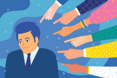 Concept of guilt, public censure and victim blaming. Sad or depressed man surrounded by hands with index fingers pointing at him. Flat design, vector illustration. clipart