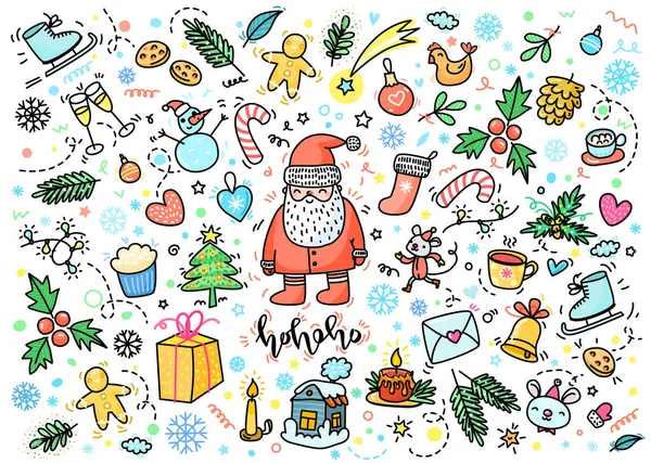 Рождественские Новогодние Открытки Ручной Рисунок Санта Клауса Новогодними Украшениями Векторная — стоковый вектор