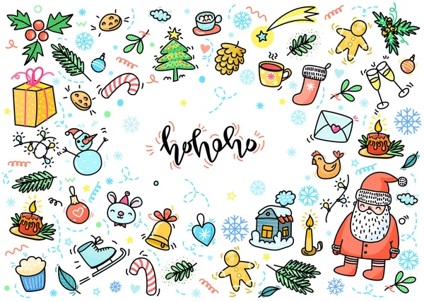 Weihnachts Und Neujahrsgrußkarte Handgezeichneter Weihnachtsmann Mit Neujahrsschmuck Und Schriftzug Doodle — Stockvektor