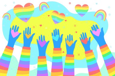 Concept of love. Rainbow hands hold rainbow heart. Gay marriage. LGBT. Valentine day. Love and relationship. Flat design, vector illustration.