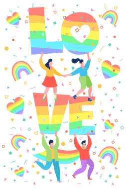 Concept of love. Mini people with red hearts in hands. Men and women holding heart and word Love. Gay marriage. LGBT. Valentine day. Love and relationship. Flat design, vector illustration.