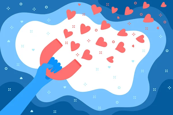Concept Media Influence Blue Hand Magnet Attracts Hearts Engaging Followers — 스톡 벡터