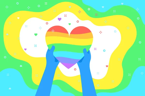 Concept Love Blue Hands Hold Rainbow Heart Gay Marriage Lgbt — 图库矢量图片