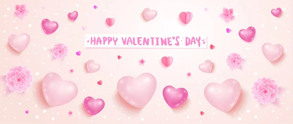 Happy Valentine Day Spring Background Hearts Flowers Pink Color Vector — ストックベクタ