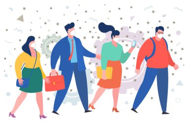 Karantina kavramı. Koruyucu maske takan üzgün insanlar. 2019-NCoV Roman Corona virüsü. Vektör illüstrasyonu.