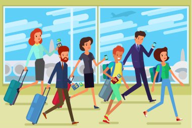 Seyahat kavramı. İnsanlar uçağa yetişmek için acele ediyor. Düz tasarım, vektör illüstrasyonu.