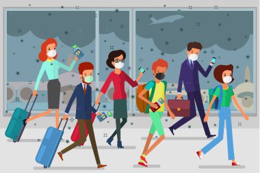 Karantina kavramı. Havaalanında koruyucu maskeler takan üzgün insanlar. 2019-NCoV Roman Corona virüsü. İnsanlar uçakta acele eder. Vektör illüstrasyonu.