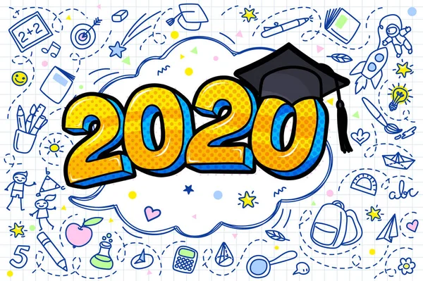 Concept Graduating Class 2020 Numbers Graduation Cap Pop Art Style — Stock Vector