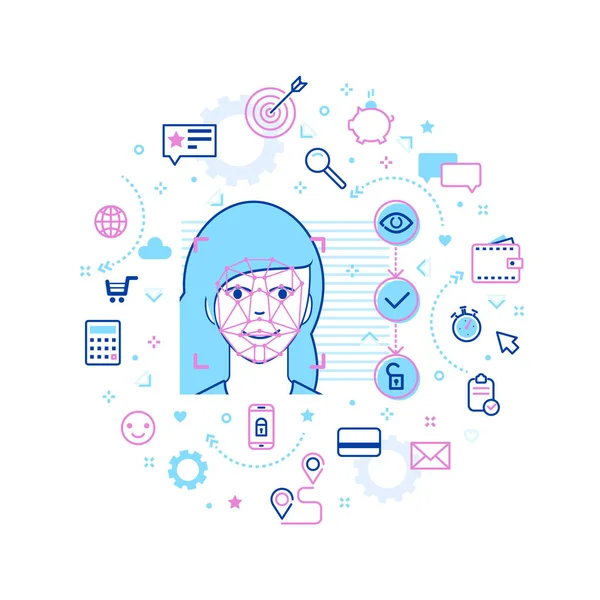 Concept of Face ID in line art style. Woman face Recognition. Abstract Tech Background with Icons. Vector illustration.