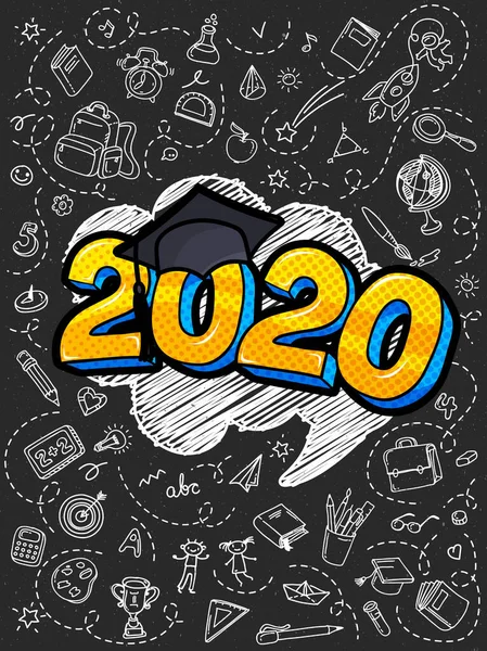 2020年毕业班的概念 数字与毕业帽在黑板上的流行艺术风格与手绘元素 矢量说明 — 图库矢量图片