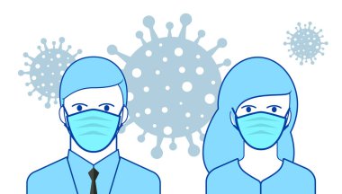 Salgın hastalık ve virüs yayıldı. Güvenlik simgeleri. Erkek ve kadın virüs mikroplarının yayılmasını önlemek için grip maskesiyle karşı karşıya. 2019-NCoV Roman Corona virüsünü durdurun. Vektör illüstrasyonu.