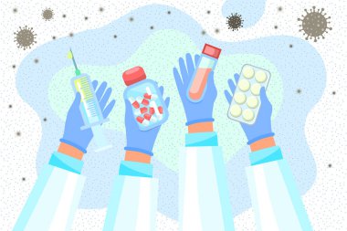 İyileşme kavramı. Tıbbi kıyafetler giymiş eller tehlikeli bir hastalığı yenmek için çeşitli araçlar taşıyorlar. 2019-NCoV Roman Corona virüsünü durdurun. Vektör illüstrasyonu.