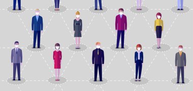 Mesafe koyma kavramı. Koruyucu yüz maskesi takan insanlar. 2019-NCoV Roman Corona virüsü. Düz dizayn. Vektör illüstrasyonu.