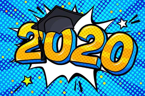 2020年卒業級のコンセプト 青の背景にポップアートスタイルで卒業キャップ数 ベクターイラスト — ストックベクタ