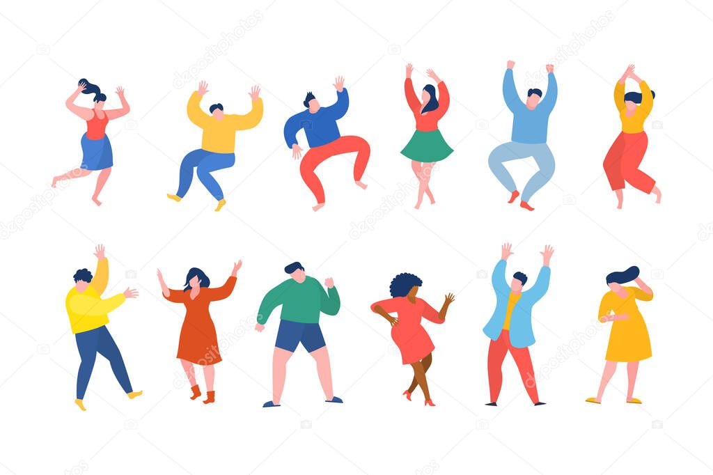 Dancing people funny cartoon style. Men and women in free movement poses. Flat design. Vector illustration.