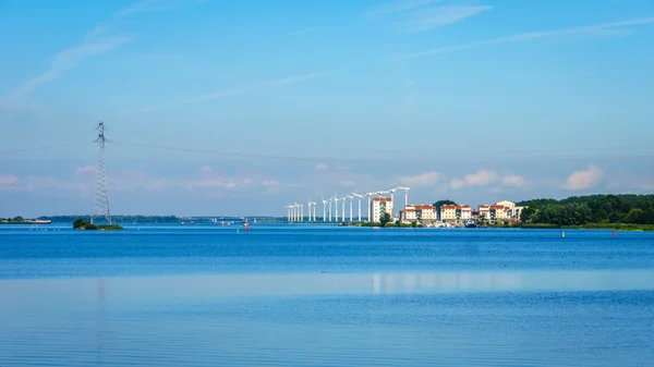 Das Vogelschutzgebiet von veluwemeer mit Schilf und Wäldern entlang der Küste unter blauem Himmel in den Niederlanden — Stockfoto