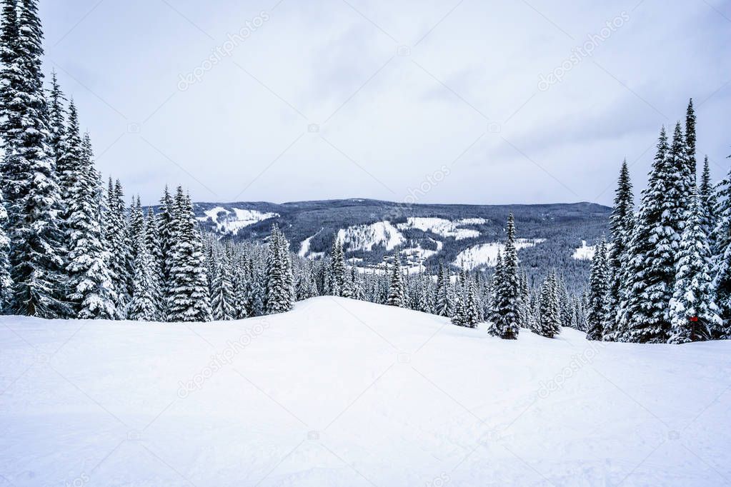 Scenic view of part of the Alpine Village of Sun Peaks Ski Resort in British Columbia, Canada