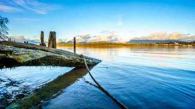 Günbatımı Weathered ağaç kütüğü ile Fraser River ve günlük Bomlar nehir aşağı bağlamak için ahşap kazık