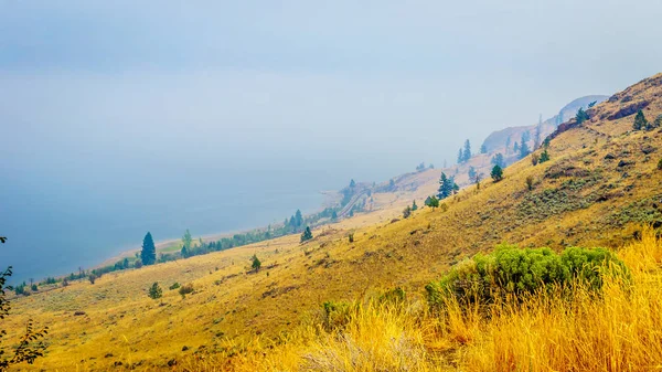Smoke hanging over Kamloops Lake because of the many forest fires in the summer of 2017 — Stock Photo, Image