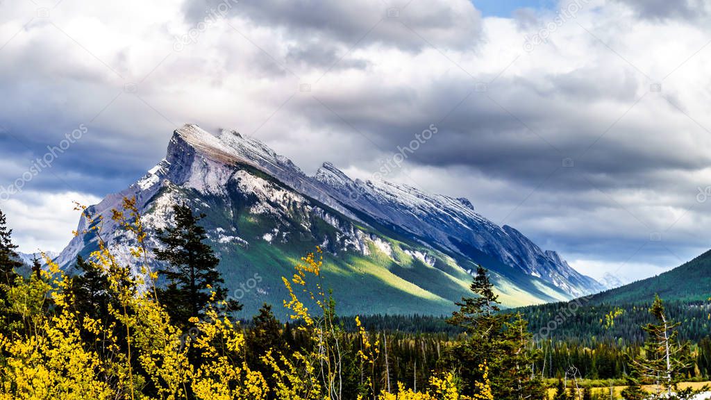 Dark clouds hanging over Mount Rundle in Banff National Park