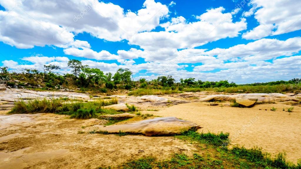 Large Rocks in the almost dry Sabie River in central Kruger National Park in South Africa