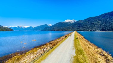 Pitt göl ve Pitt-Addington kar kaplı tepeler sahil Fraser Valley British Columbia, Kanada dağ aralığında çevrili Marsh ayıran lezbiyen