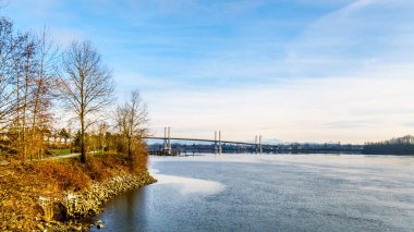 Trans Kanada iz Pitt Meadows, British Columbia, Kanada Bonson Community yakınındaki her Golden kulak Köprüsü Fraser Nehri üzerinde bakıldığında
