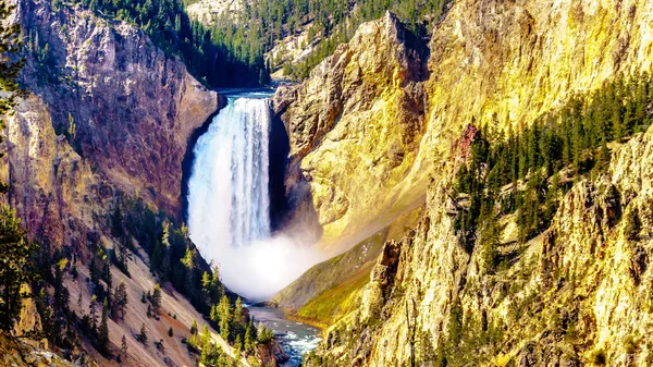 Upper Falls Yellowstone River River Flows Yellow Orange Sandstone Cliffs — Stock Photo, Image