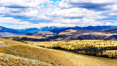 Çayırlar ve dağ sıraları Kanyon Köyü ile Yellowstone Ulusal Parkı, Wyoming, Birleşik Sates 'teki Kule Kavşağı arasındaki Grand Loop Yolu' ndan görülüyor.