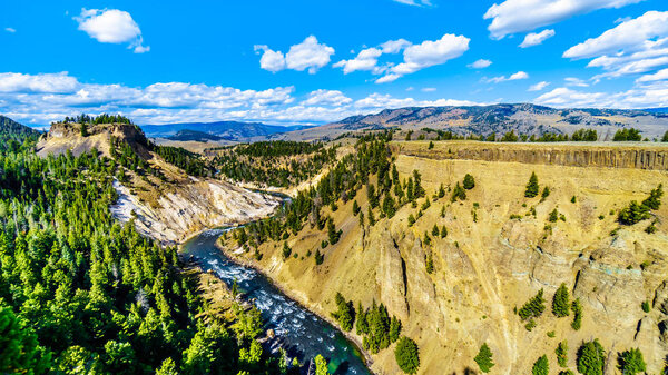 View from Calcite Springs Overlook of the Yellowstone River. The overlook is at the downstream end of the Grand Canyon of the Yellowstone in Yellowstone National Park, Wyoming, USA