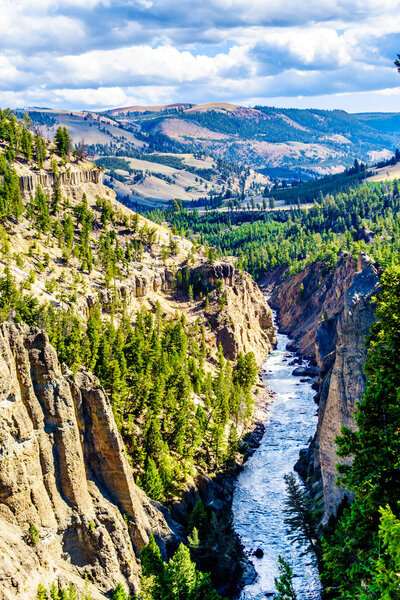View from Calcite Springs Overlook of the Yellowstone River. The overlook is at the downstream end of the Grand Canyon of the Yellowstone in Yellowstone National Park, Wyoming, USA