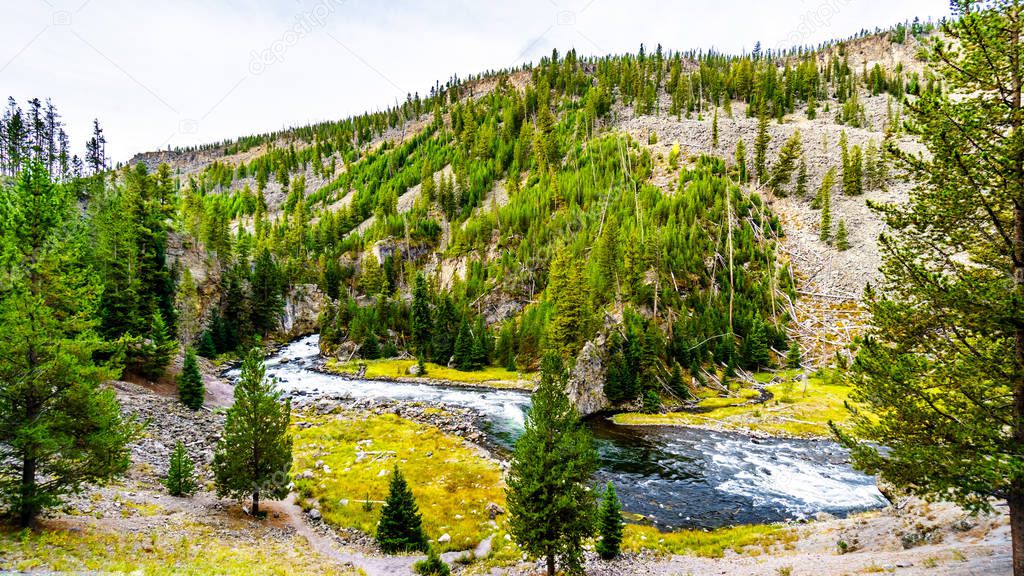 The Firehole River at the Firehole Canyon Road in Yellowstone National Park, Wyoming, United States