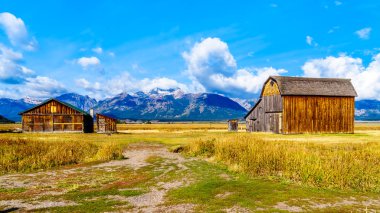 Mormon Row 'da terk edilmiş bir ahır. Arka planda bulutlar var. Grand Tetons Tepeleri Grand Tetons Ulusal Parkı' nda Jackson Hole, Wyoming yakınlarında.