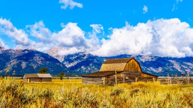 Mormon Row 'da terk edilmiş bir ahır. Arka planda bulutlar var. Grand Tetons Tepeleri Grand Tetons Ulusal Parkı' nda Jackson Hole, Wyoming yakınlarında.