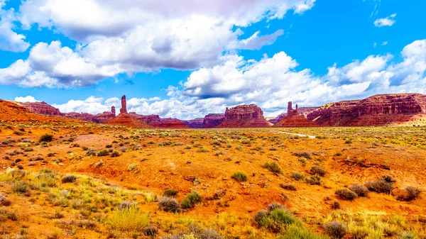 アメリカ合衆国ユタ州メキシカンハット近くのゴッズ州立公園の谷の半砂漠の風景の中の赤い砂岩のバットとピナクルズ — ストック写真