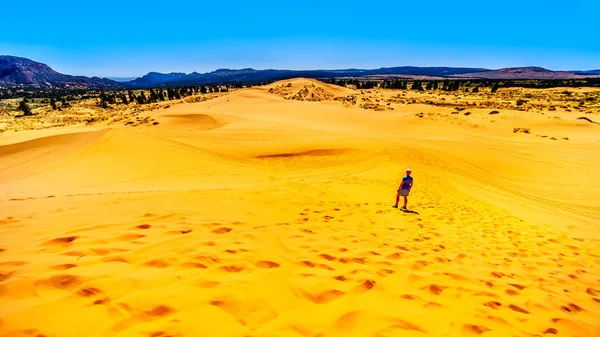 Aktywna Starsza Kobieta Wędrująca Wydmach Coral Pink Sand Dunes State — Zdjęcie stockowe