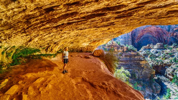 Mulher Idosa Ativa Uma Caverna Uma Caminhada Canyon Overlook Trail — Fotografia de Stock