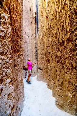 Nevada Çölü 'ndeki Katedral Korusu Eyalet Parkı' ndaki yumuşak volkanik Bentonit Clay 'in erozyonundan kaynaklanan Slot Kanyonları ve Hoodoos' un dramatik ve benzersiz desenleri.