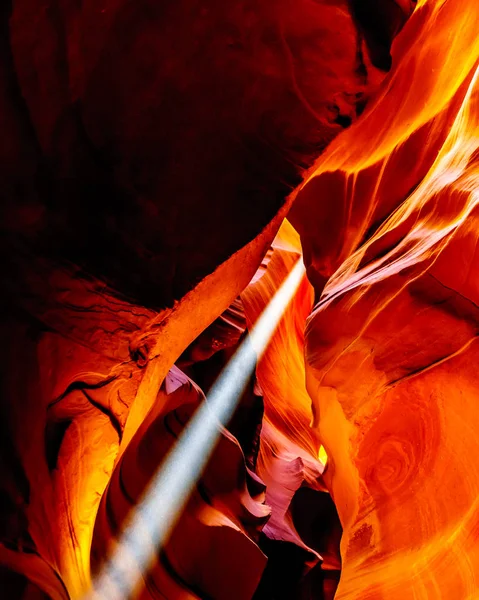 Sun Rays Entering Upper Antelope Canyon Smooth Curved Red Navajo — Stock Photo, Image