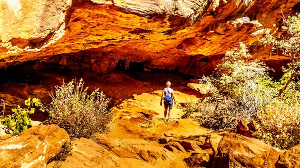 Woman Hiking Cave Canyon Overlook Trail Zion National Park Utah — Stock Photo, Image