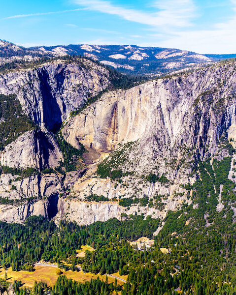 The dry Yosemite Falls and Lower Yosemite Falls in October 2019 when all snow had melted in the Sierra Nevada Mountains. Viewed from Glacier Point in Yosemite National Park, California, USA