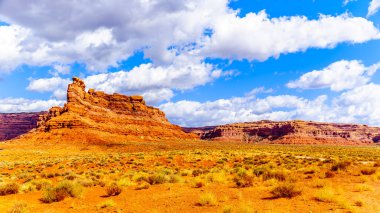 Red Sandstone Buttes ve Pinnacles, Amerika Birleşik Devletleri 'nin Utah eyaletinin Meksika Şapkası yakınlarındaki Tanrılar Vadisi' ndeki yarı çöl manzarasında.